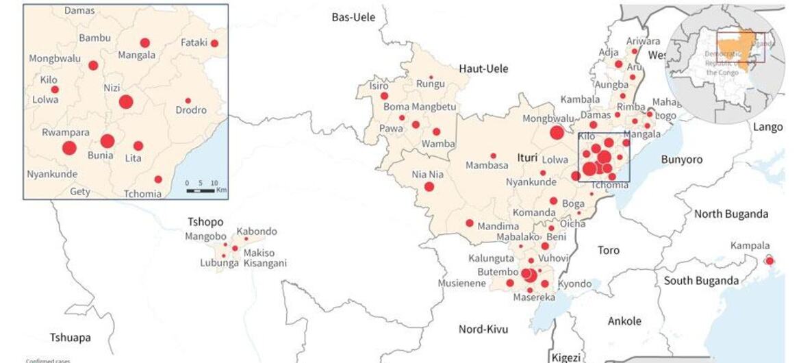Distribución geográfica de los casos confirmados en la República Democrática del Congo y Uganda.